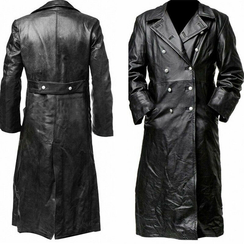 GERMAN CLASSIC OFFICER MILITARY UNIFORM BLACK REAL LEATHER TRENCH COAT BRAND NEW