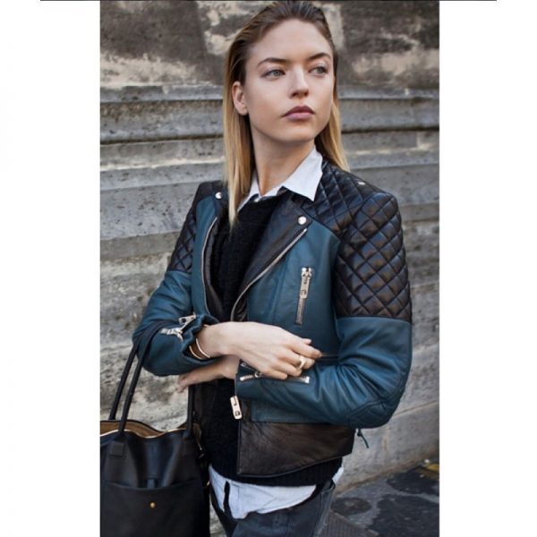 Fashion Model Martha Hunt Street Style Black and Pink Leather Jacket