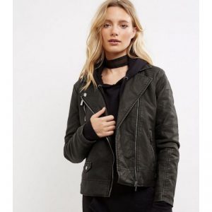 Washed Biker Look Leather Jacket For Womens